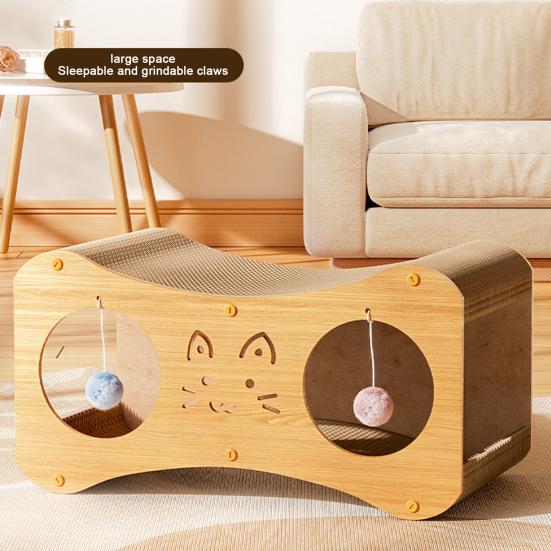 Cat Scratcher House Double Layers Corrugated Paper Scratch Cardboard Lounge Bed 2-in-1 Indoor Cats Scratching Board House with Interactive Ball