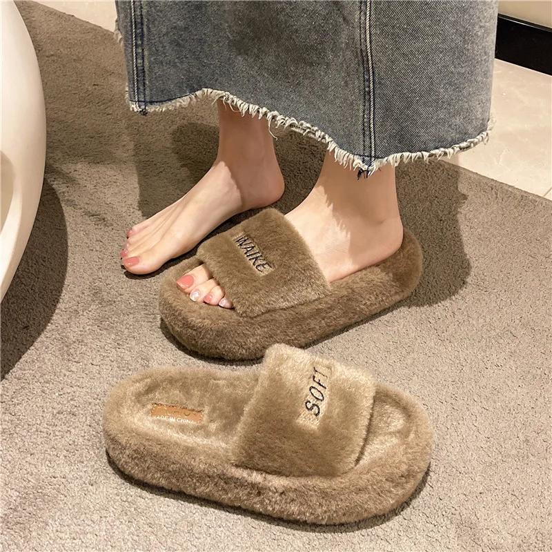 Pantofle s tlustou podrážkou z vlny Dámské 2024 Nová podzimní a zimní móda Vlněný sametový domácí bavlněný nazouvák Dámské boty