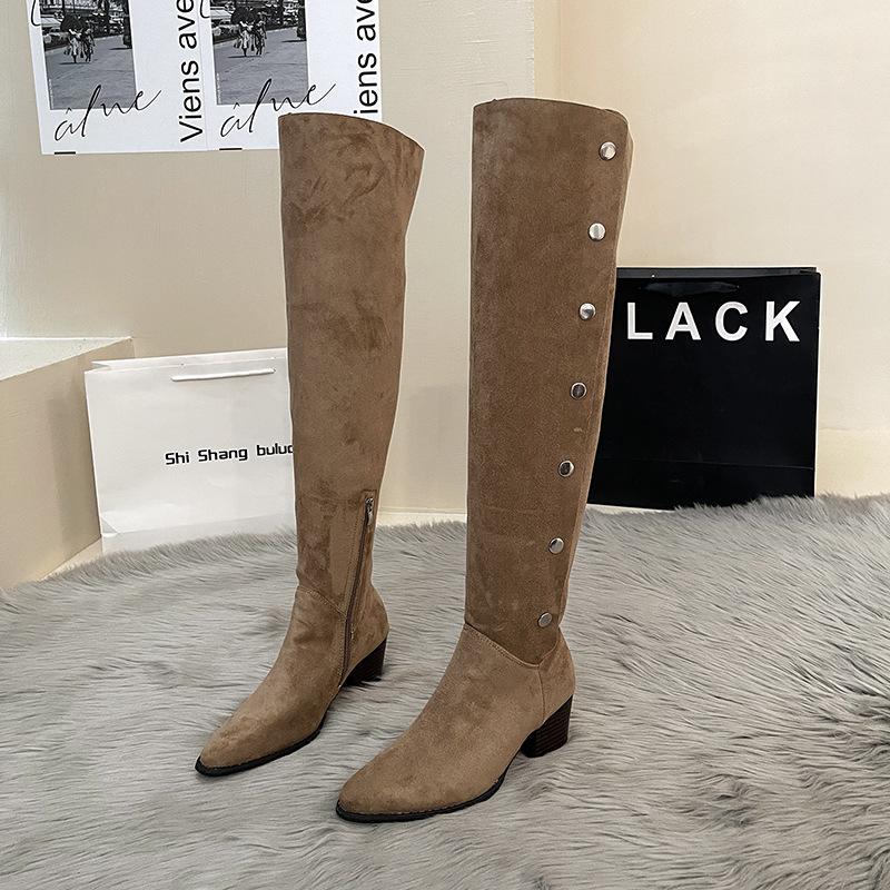 

Маленький толстый каблук плиссированные женские осенние новые остроносые замшевые короткие средней длины голенища высокие ботфорты 43