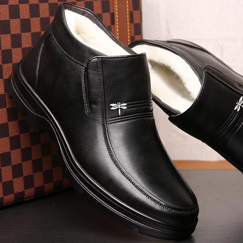Cotton Shoes Men's Genuine Leather Winter Warm Velvet Beef Tendon Soles Middle-aged and Elderly Father Winter Wool Non-slip Men's Cotton Leather Shoes
