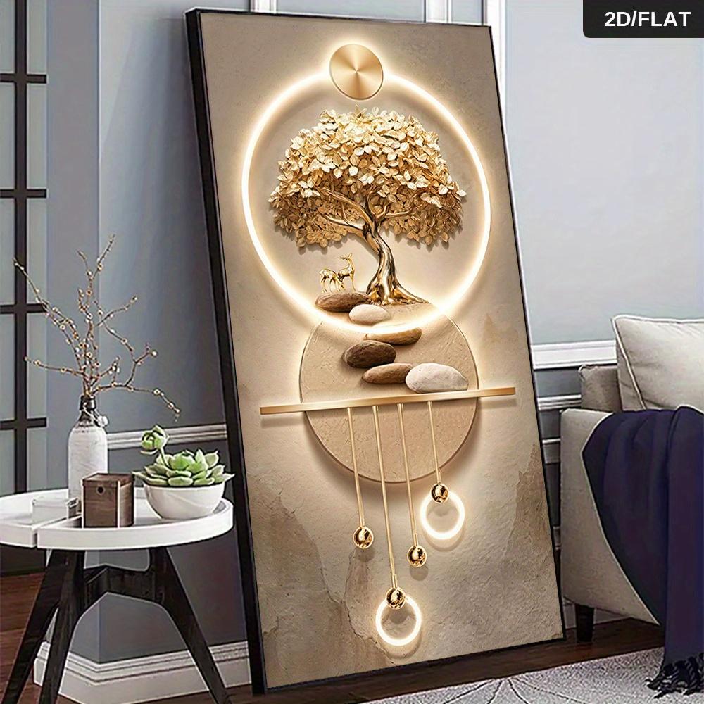 One Modern Abstract Tree of Life Wall Decoration - Elegant Golden Trees, a Tranquil 2D Flat-print Frameless Painting for Living