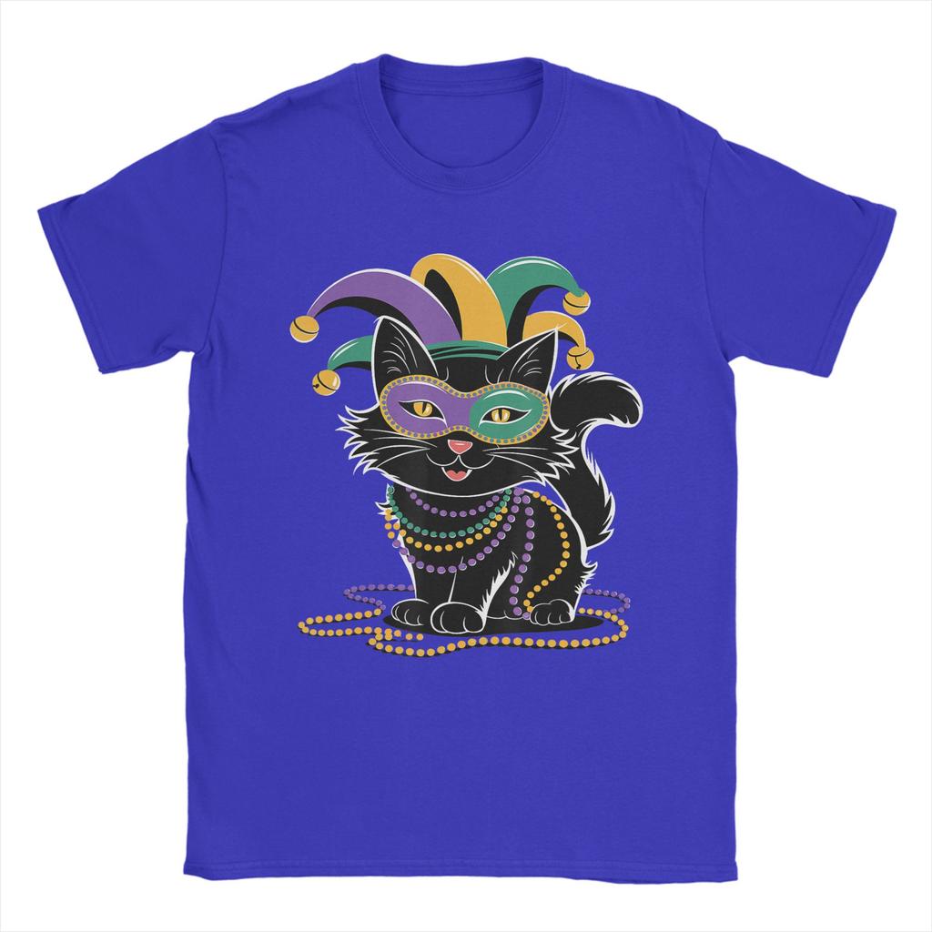 Cute Mardi Gras Cat T Shirts for Unisex Cotton Funny TShirt Round Neck Tees Short Sleeve Clothing Printed