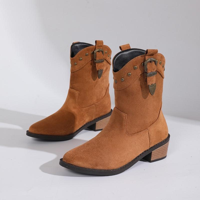Women's Retro Short Boots Faux Suede Chunky Heel Pointed Toe V-Cut Cross-Border Large Size Spring Autumn Ankle Booties