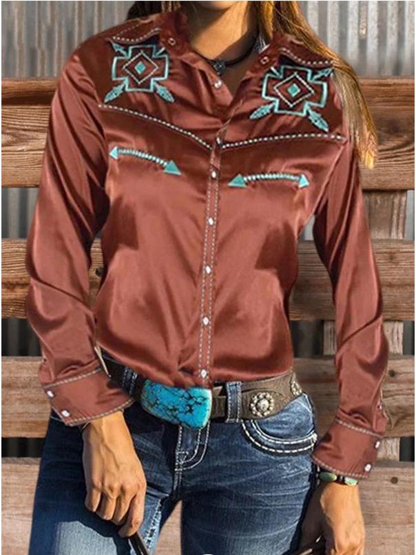 Women s Retro Striped Western Long-Sleeve Button-Down Shirt 2XL
