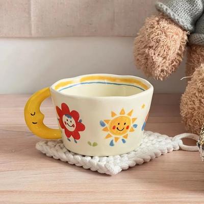 300ML Cute Coffee Cups Ceramic Cartoon Hand Painted Handle Breakfast Milk Beverage Water Cup Couple Mug Gift Home Office Drinks
