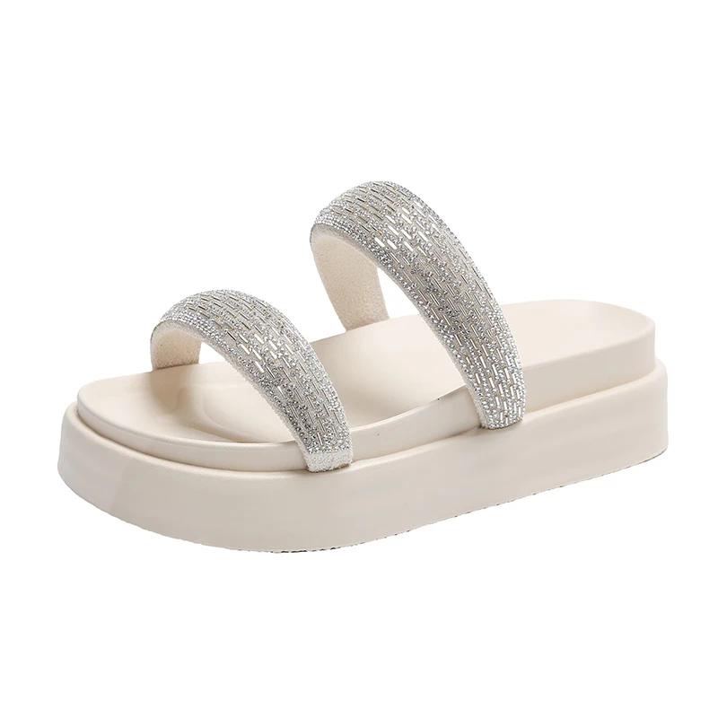 

Летние пляжные женские туфли с кристаллами на платформе, качественные шлепанцы с открытым носком, простые повседневные тапочки на плоской подошве, сандалии на платформе, роскошные туфли из искусственной кожи 35 бежевый
