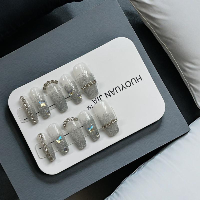 

Diamond Sparkling Silver Press On Nails миндалевидной формы нейл-арт y2k bling nails XS:(14,10,11,10,8)mm