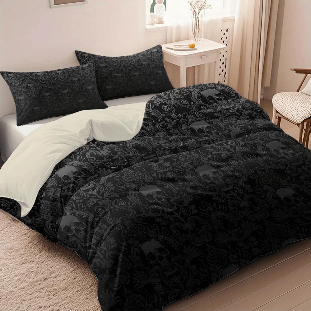 3pcs Black Skull Pattern Digital Printed Quilt Set- Includes 1 Quilt Cover and 2 Pillow Cover (without Filler)