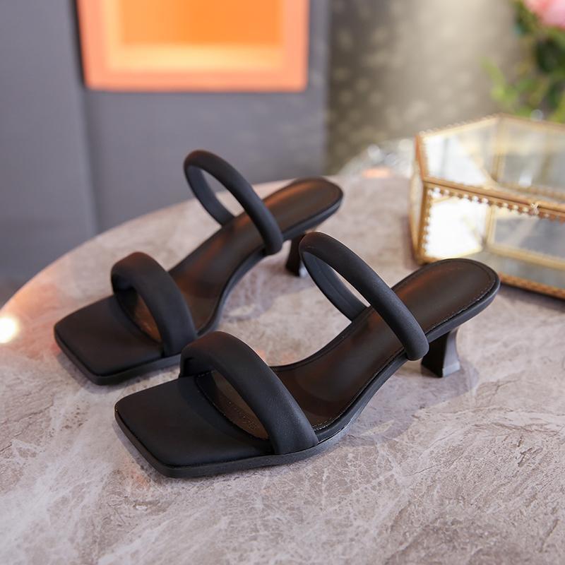 Fashion Open Toe High Heeled Slippers Women's Summer New Square Head Thick Heel Mid-heel flip flops stiletto pumps luxury woman clappers