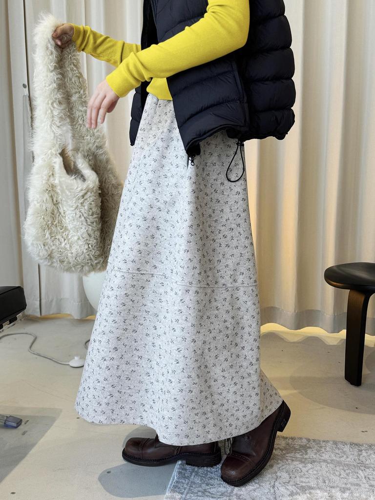 Louvre Winter Retro Floral Wool Tweed A-Line Midi Skirt for Women