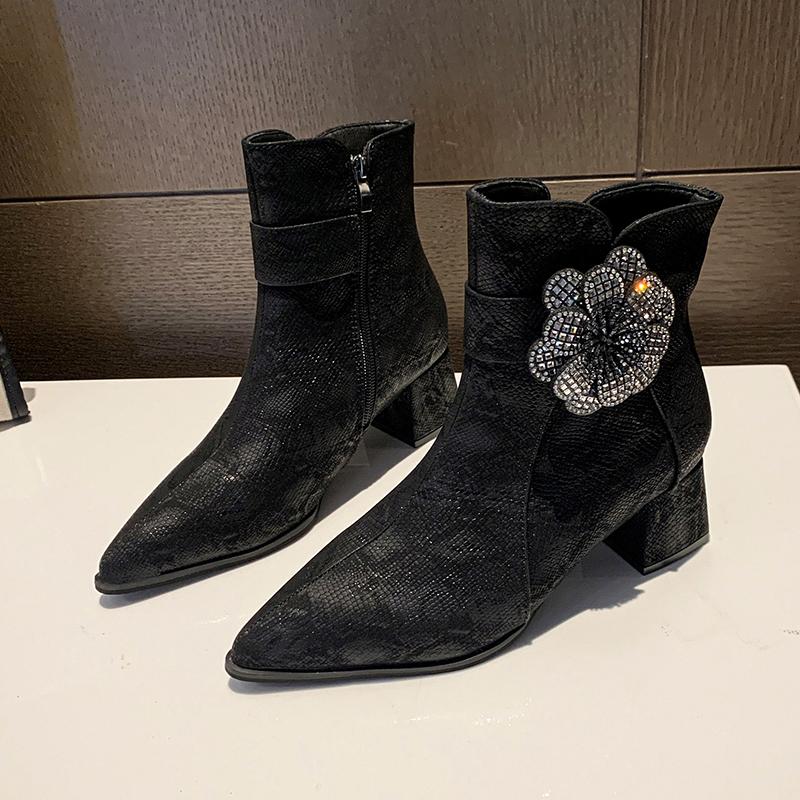 Crystal Flower Women Shoes Pointed Toe High Heels Ankle Boots 2025 Trend Sexy Luxury Prom Zipper Pumps New Chelsea Botas Mujer