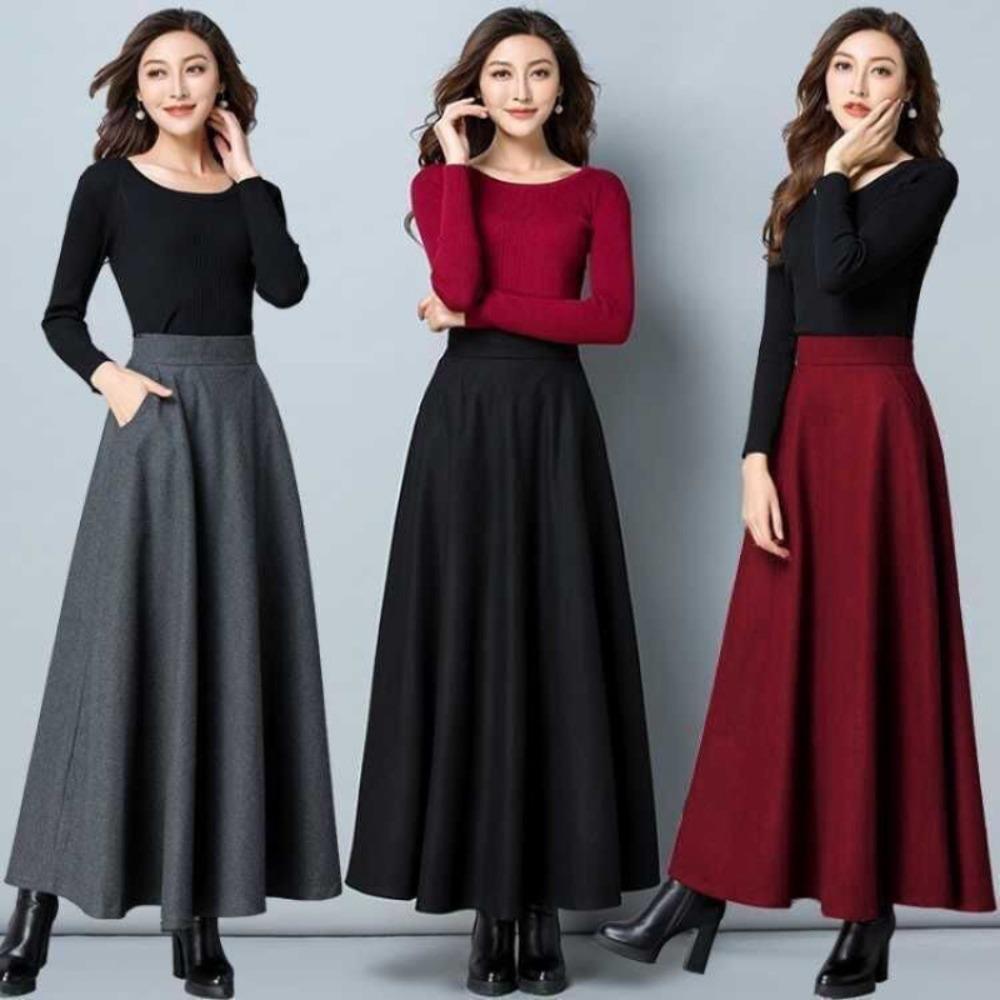 Women's High Waist Elastic Waist Maxi Skirt A-Line Skirt Elegant Commuter Skirt