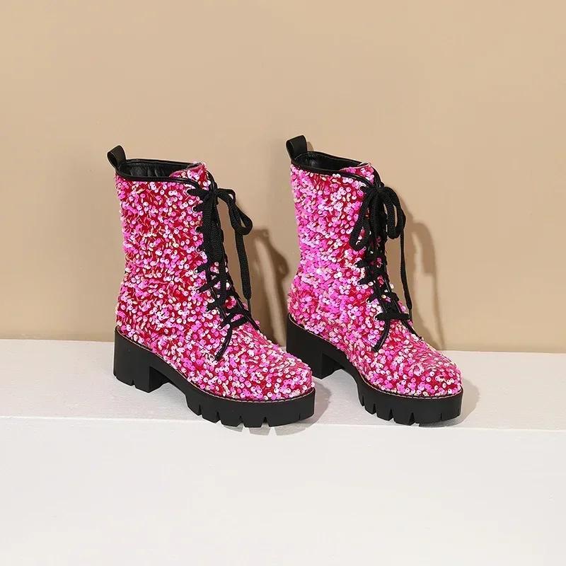 Pink Bling British Women Platform Ankle Boots Gold Sequined Cloth High Thick Heels Round Toe Lace-up Ladies Platform Short Boots