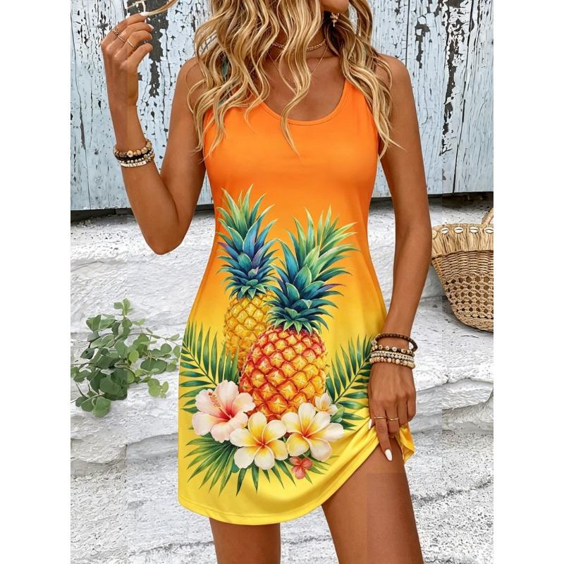 Women's Round Neck Sleeveless Tropical Parrot Print Gradient Casual Mini Dress, Beach Tank Dresses for Spring & Summer