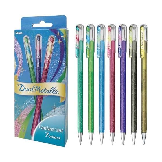 Pentel Dual Metallic Gel Pen Fantasy Set, 7 Colors, Glitter Pigment Ink, 1.0mm