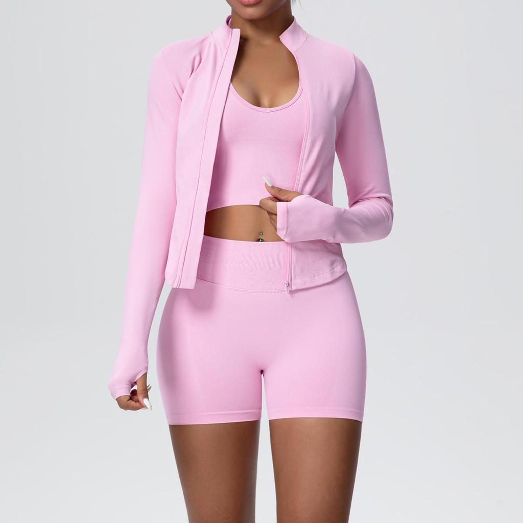 Women's European & American Sports Casual Three-Piece Set: Knitted Long Sleeve Zipper Jacket, Sports Vest, & Shorts Fitness Wear.