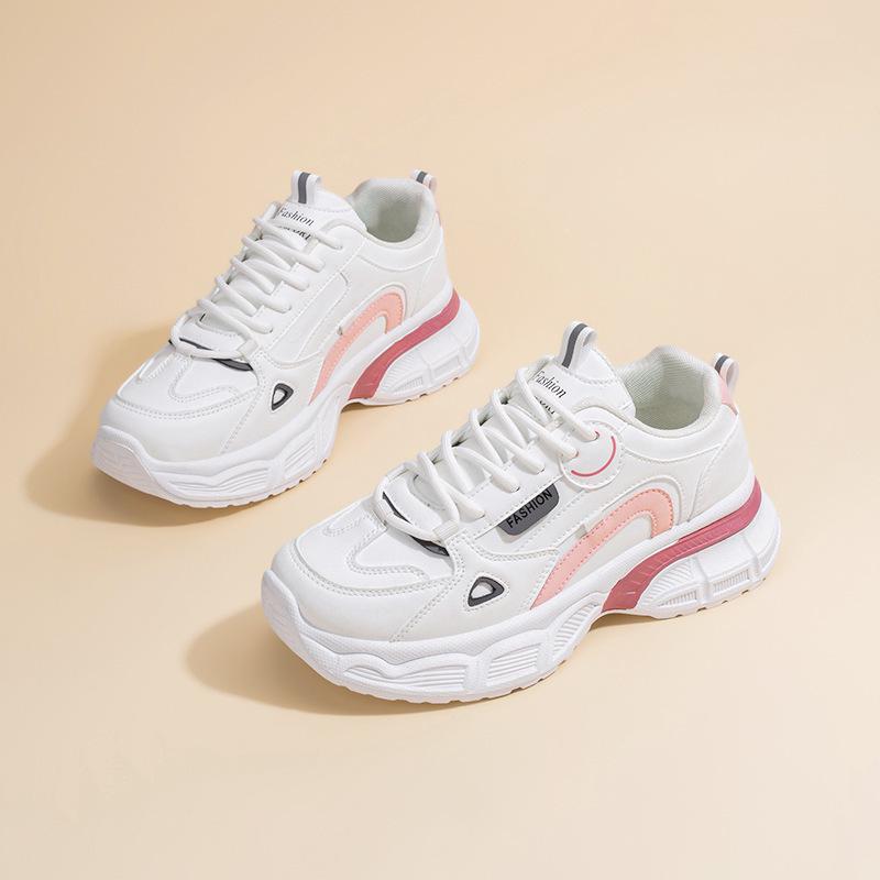 2025 Spring Women's Korean Style Breathable White Sneakers: Versatile Thick Sole, Height Increasing, Casual Sports Dad Shoes