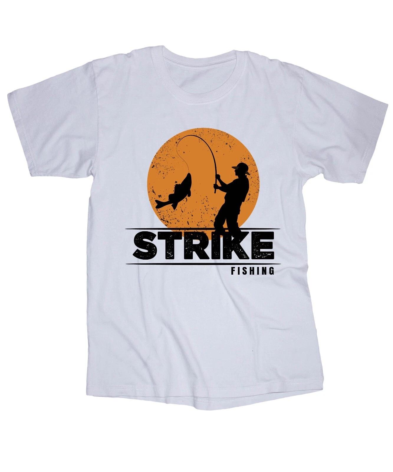 

STRIKE Fishing white T-shirt Bass Trout Crappie Walleye Lake Boating Sunset Fish S
