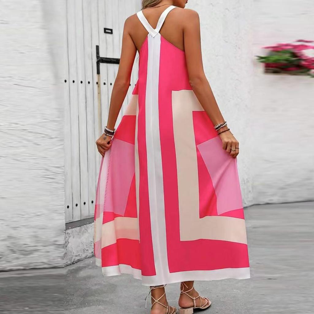Women's Casual Seaside Resort Dress Color Block Patchwork Printed Sleeveless Dresses
