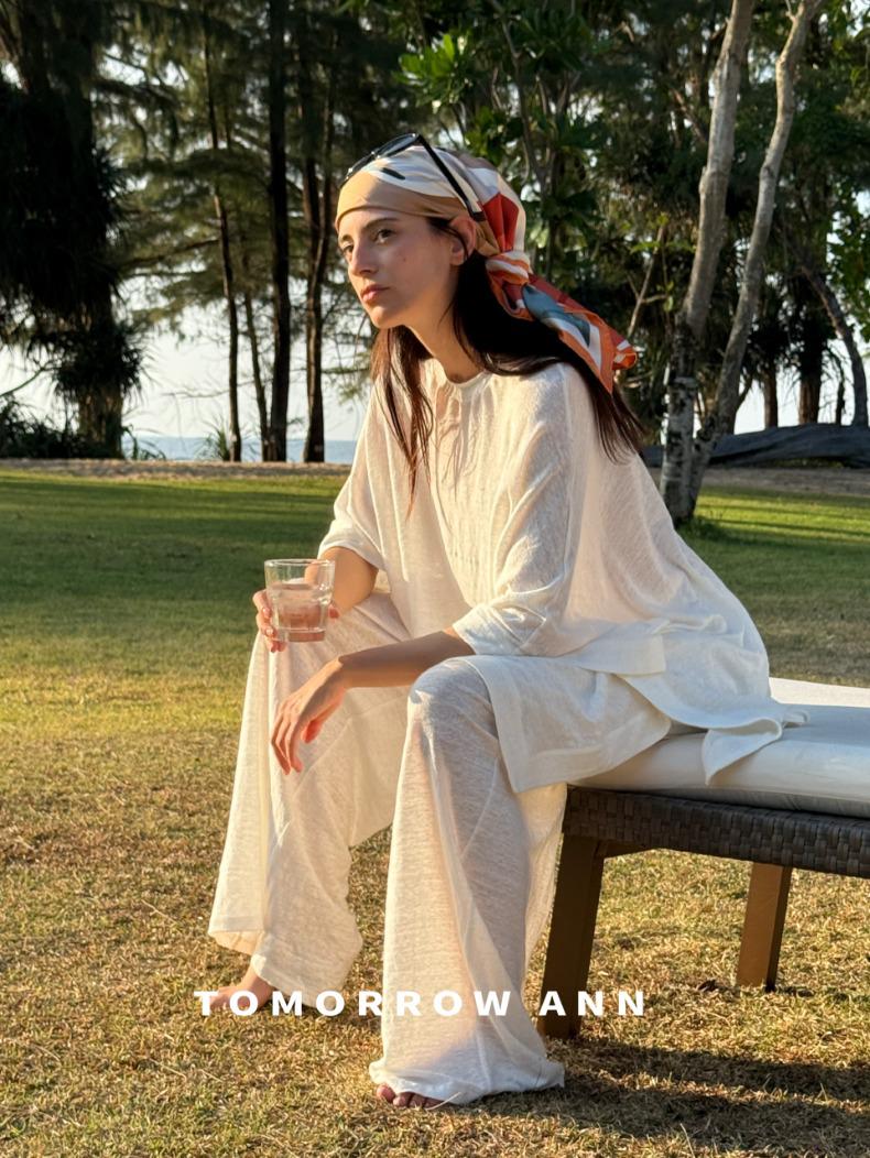 TOMORROWANN Women s White Loose Knitted Wide-Leg Pants - Spring/Summer Small