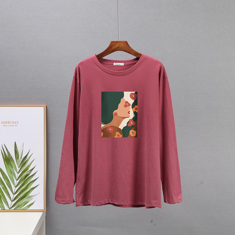Tricou din bumbac cu mânecă lungă de primăvară Hirsionsan Tricou cu imprimeu estetică abstractă cu figurine pentru femeie pentru petrecere a timpului liber cu gâtul în formă de topuri simple