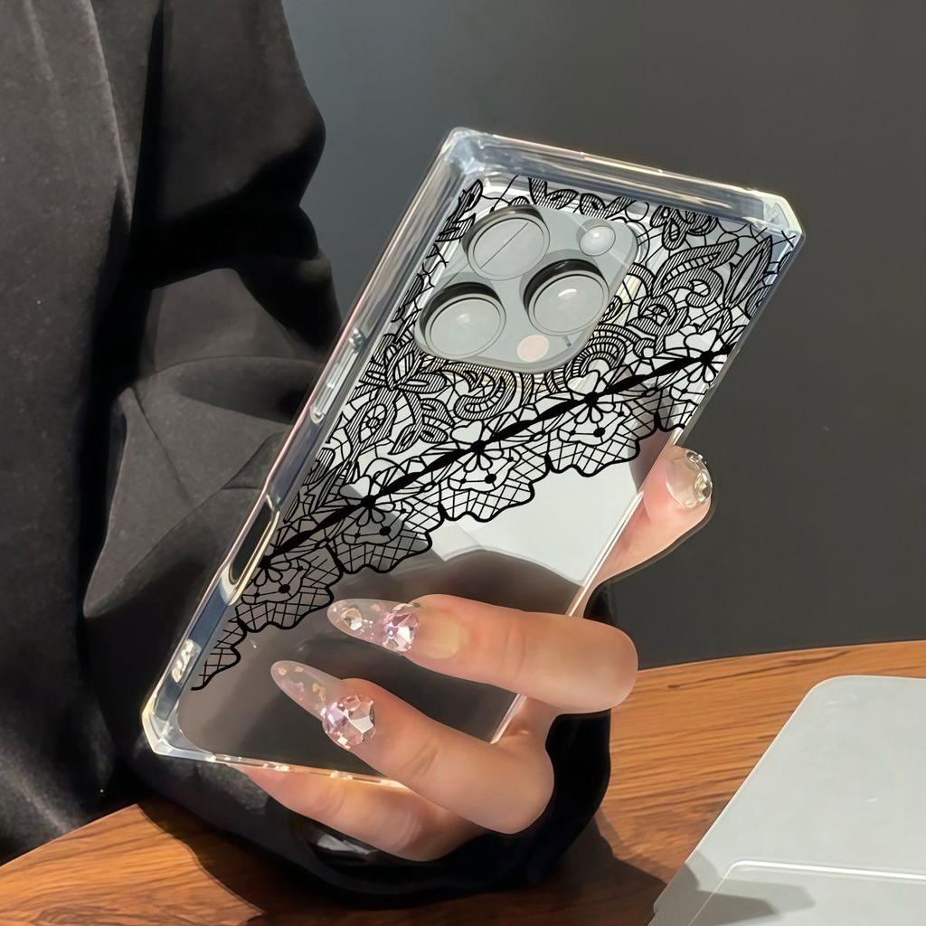 Clear Square Back Tube Case Protection For iPhone 15 Plus 16 ProMax 11 12 14 Pro Max 13 Anti-Oxygen,Black Lace with Messy Net Pattern Pattern Casing
