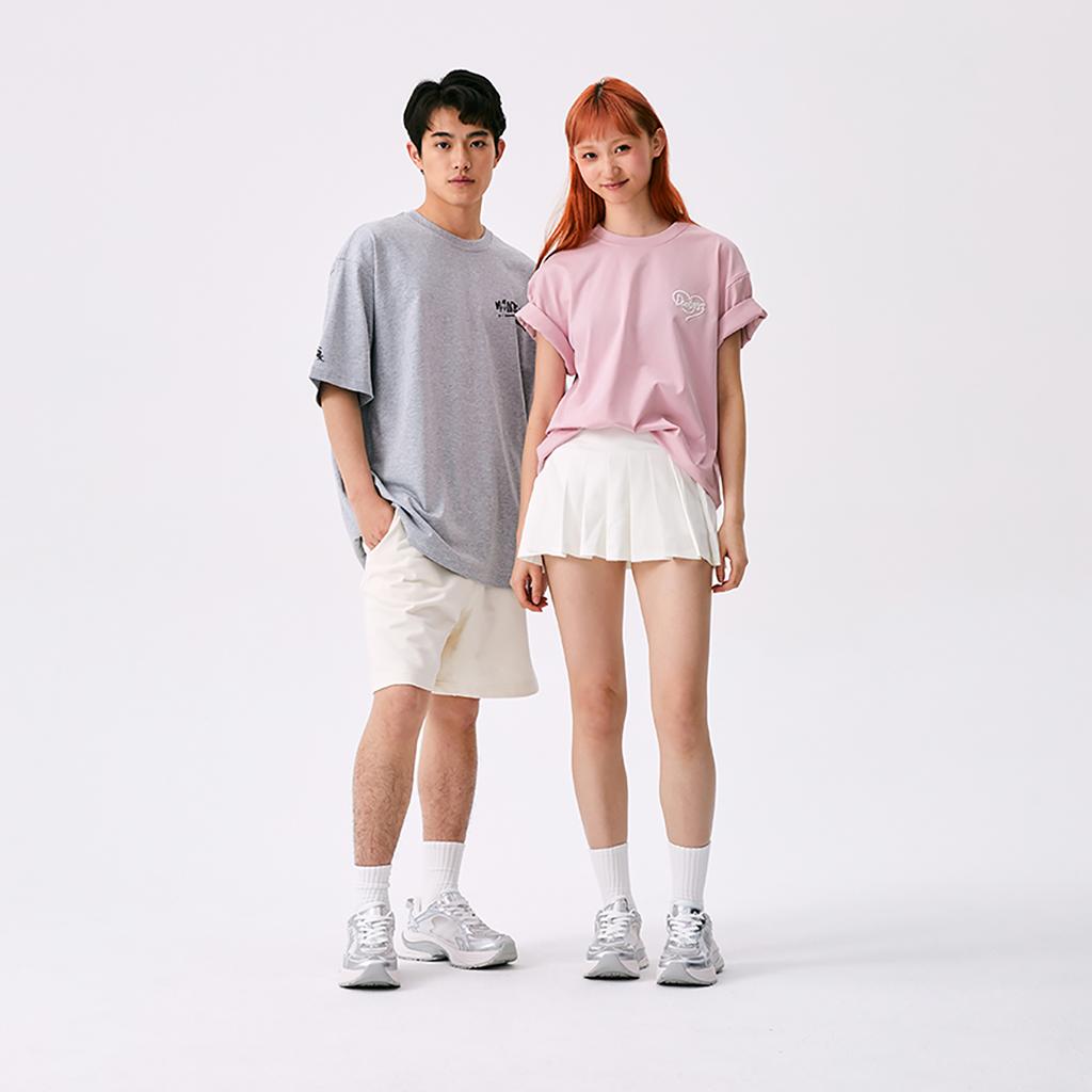 New MLB Los Angeles Dodgers Heart SS25 T Shirt Unisex Heather Gray Pink 3ATSH0153-07PKM