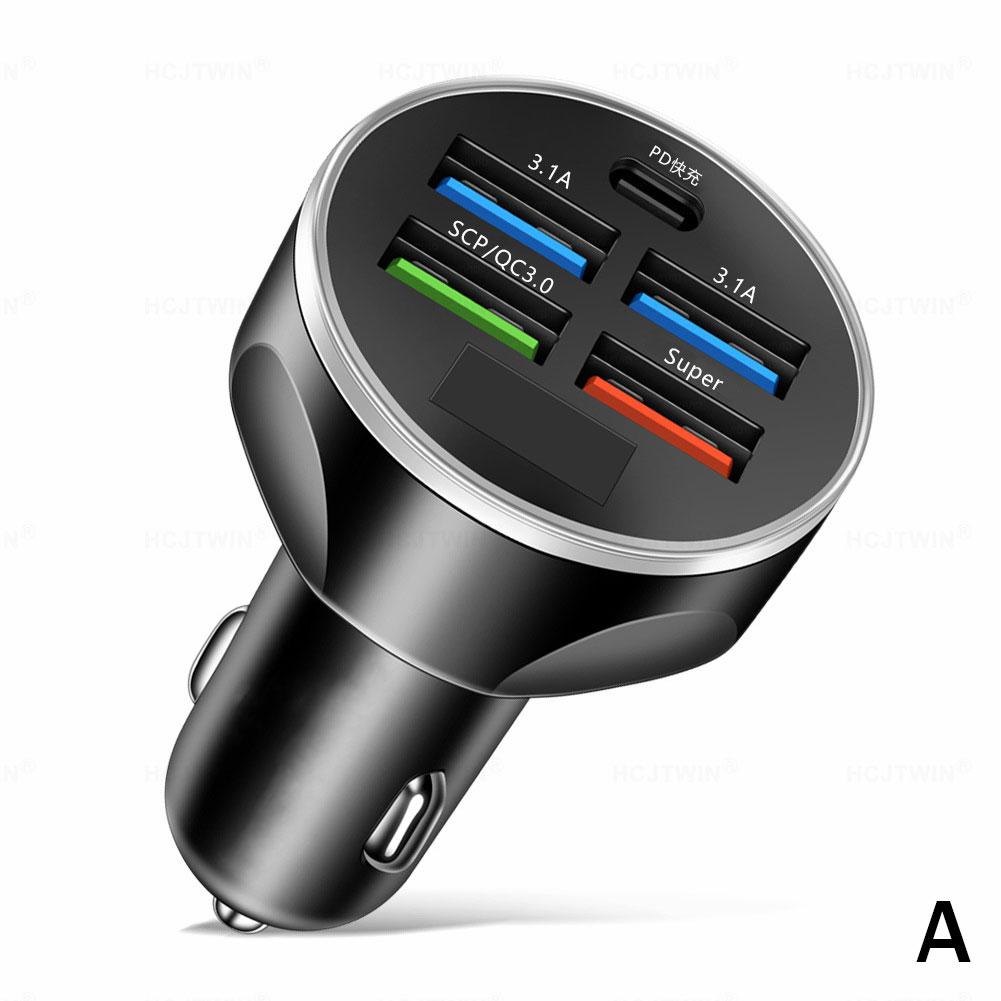 

5 Ports USB Car Charger USB Type C Fast Charging 250W Charger PD For IPhone Adapter In A6D6 Black-One size