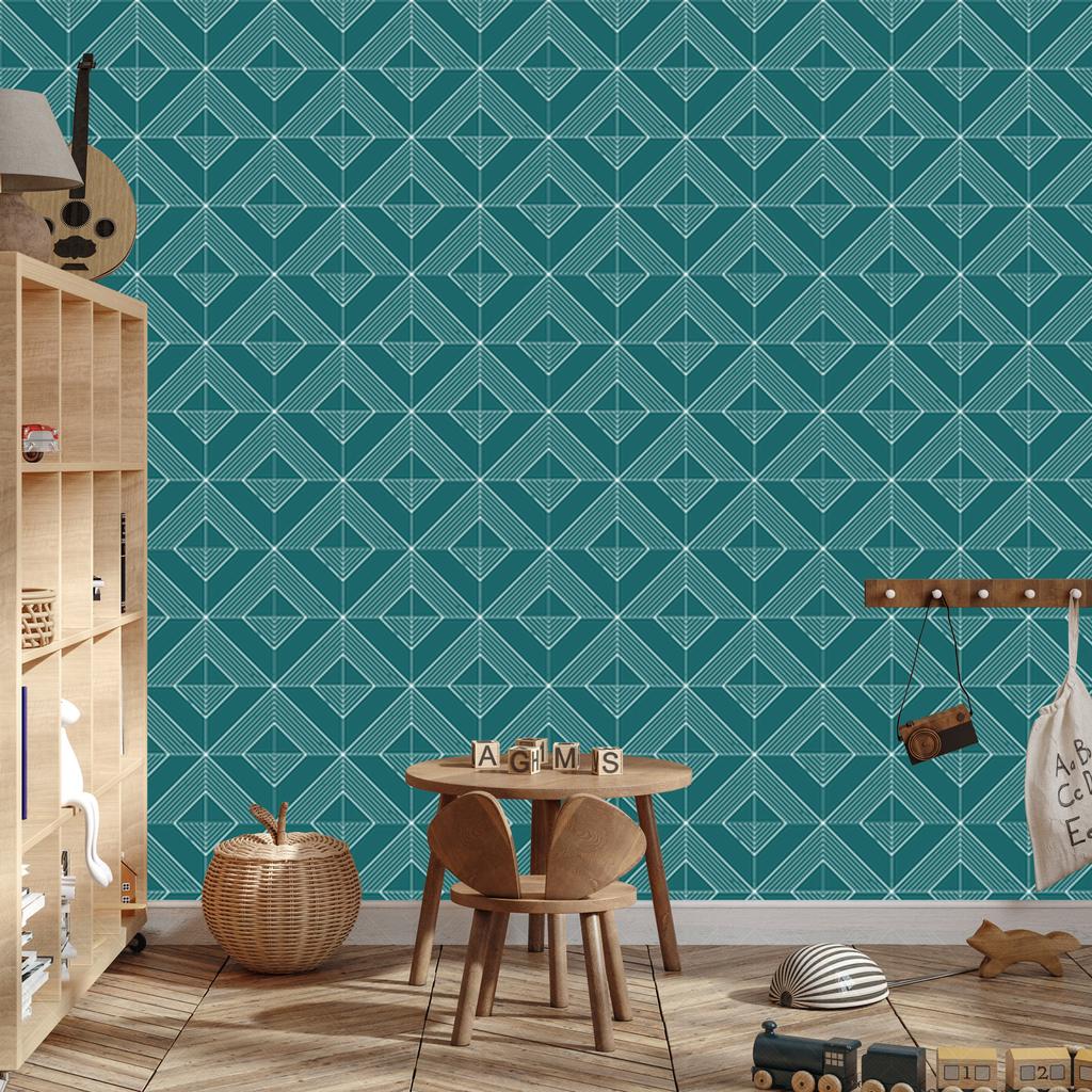 Geometric Rhombus Wallpaper, Turquoise Background, Turquoise Center, 50x1000