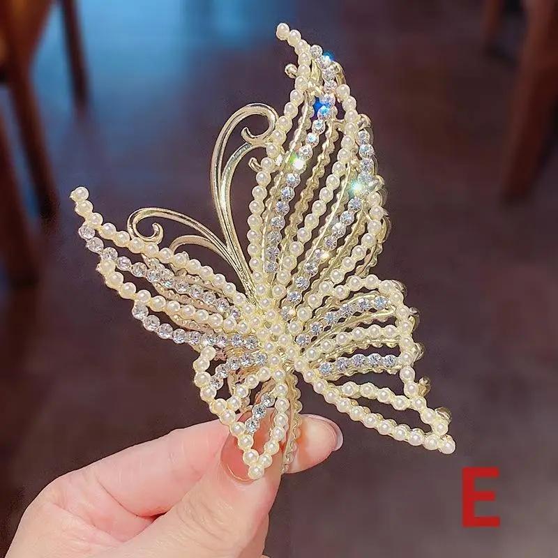 Bling Rhinestone Butterfly Hair Claw Clips Women Elegant Pearl Crab Barrette Headwear Ponytail Clip Fashion Jewelry Accessory