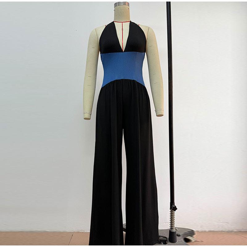 Halter Neck Sleeveless Stitching One-piece Wide-leg Pants Summer Ladies One-piece Casual Fashion Commuter Style