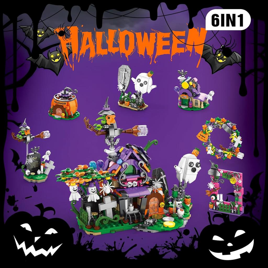 6 in 1 Halloween Prank Haunted House Small Particle Building Blocks Set Assembly Model Puzzle Toy Holiday Gifts for Children