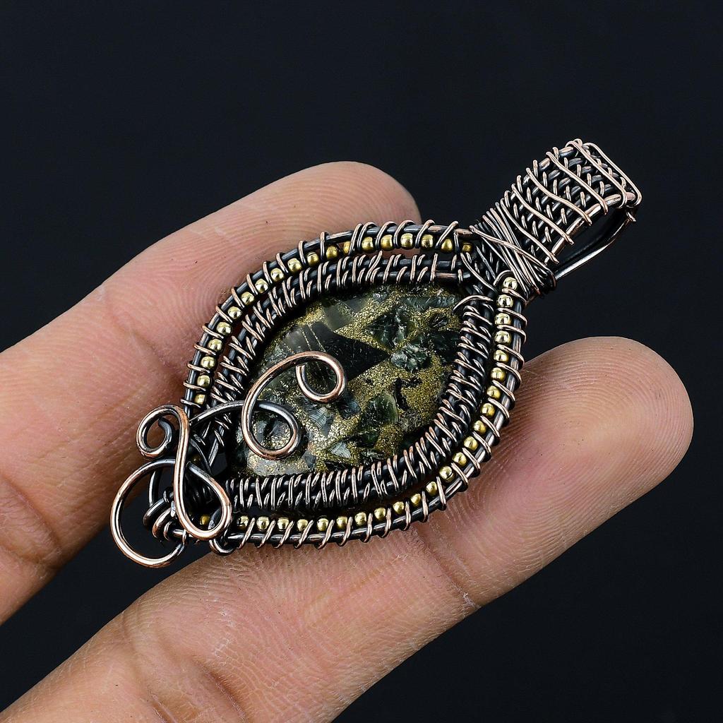 Copper Seraphinite Pendant, 999 Copper Wire Wrapped Gemstone Jewelry, Handmade Pendant, For Thanksgiving