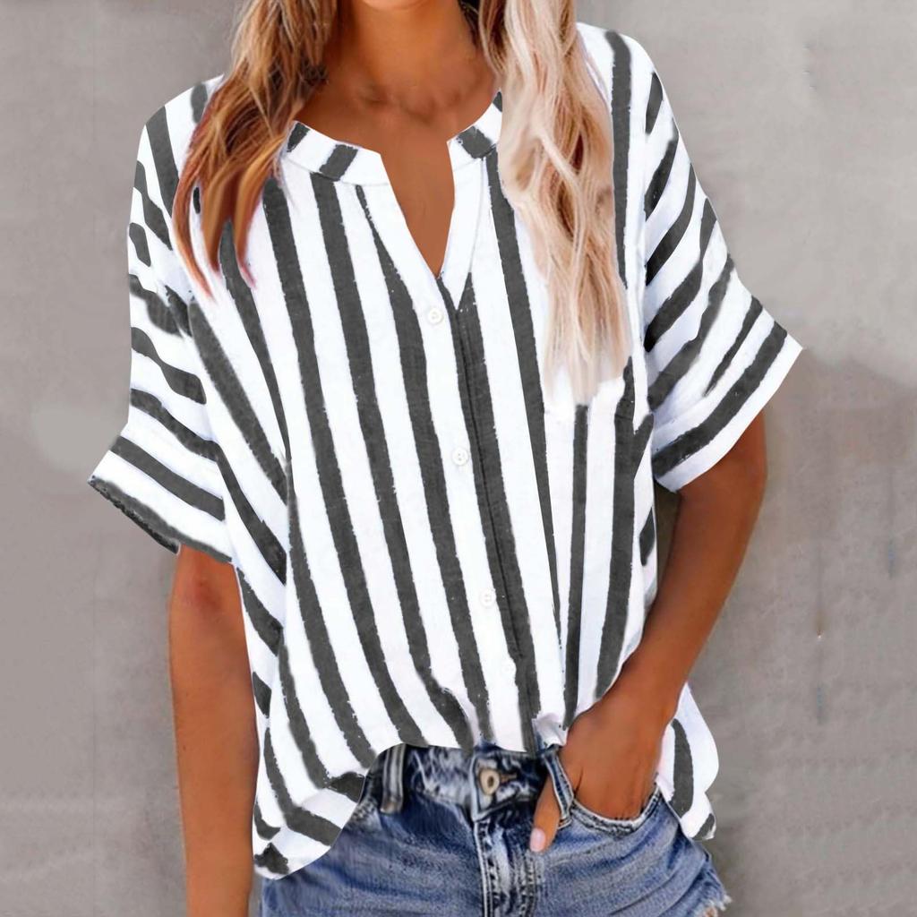 Women's Fashion Loose-Fit V-Neck Button-Down Striped Contrast-Color Short-Sleeve Shirt