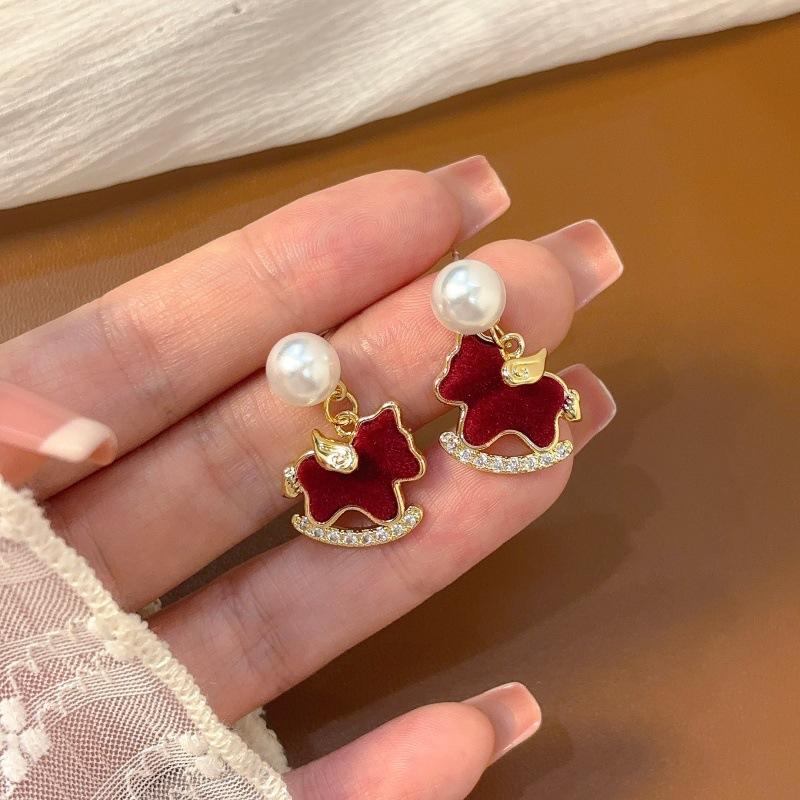 New Year Red Velvet Small Horse Pearl Earrings - Elegant Stud Earrings