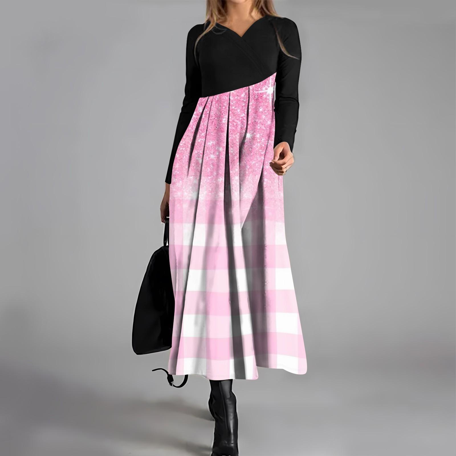 

Женское повседневное платье с V-образным вырезом и длинными рукавами, свободное и объемное платье с принтом L розовый