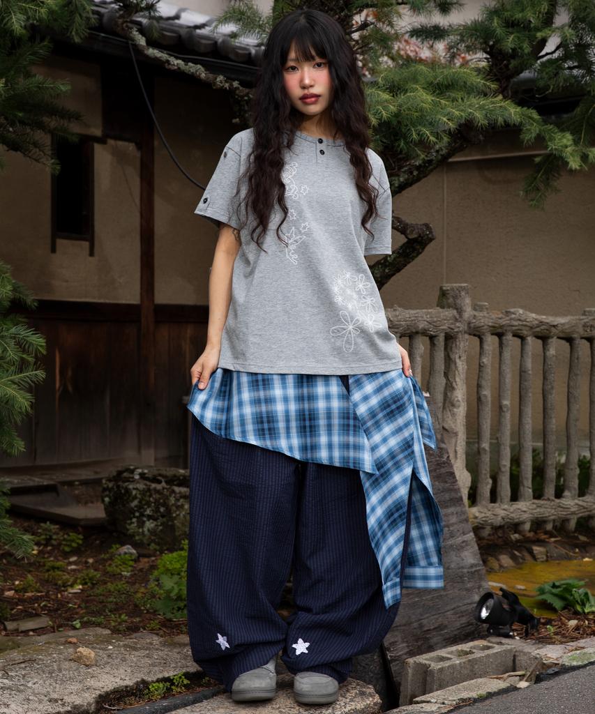GLACK Gzp005 Cosmic Flower Seersucker Pants (Navy)