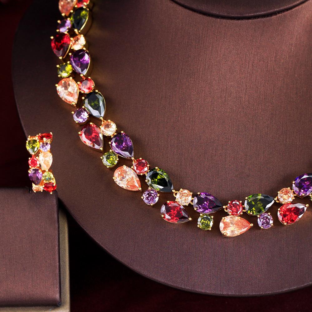 Luxury Zircon Water Drop Mona Lisa Set Chain Banquet Dress Colored Water Drop Earrings Necklace Set