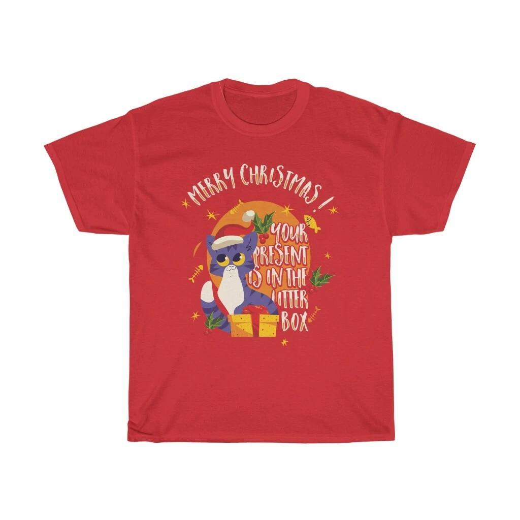 Merry Christmas Your Present Is In The Litter Box, Unisex Hvy Cotton Tshirt, Cat L