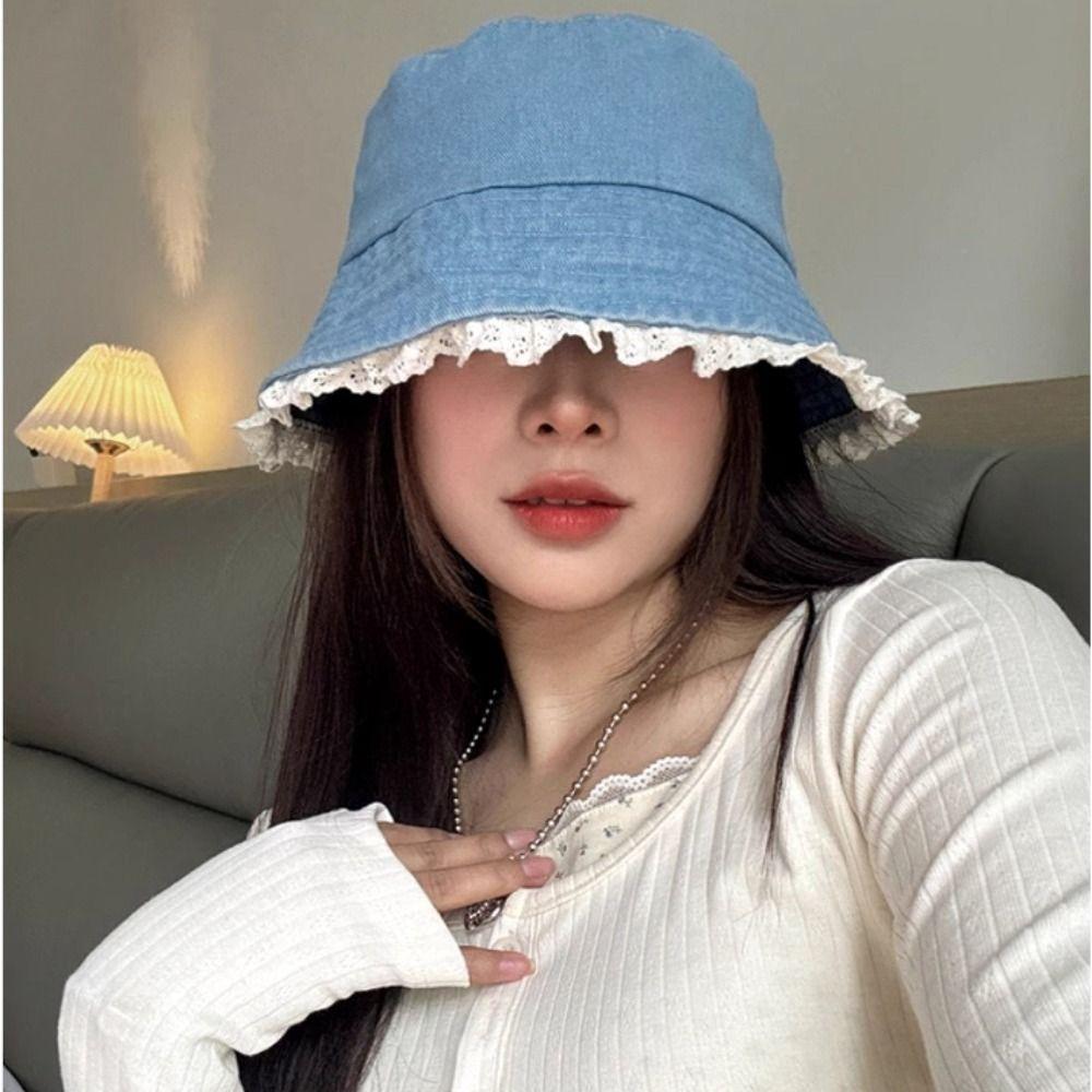 Sunscreen Lace Fisherman Hat Big Brimmed Panama Hat Sweet Denim Bucket Hat  Women
