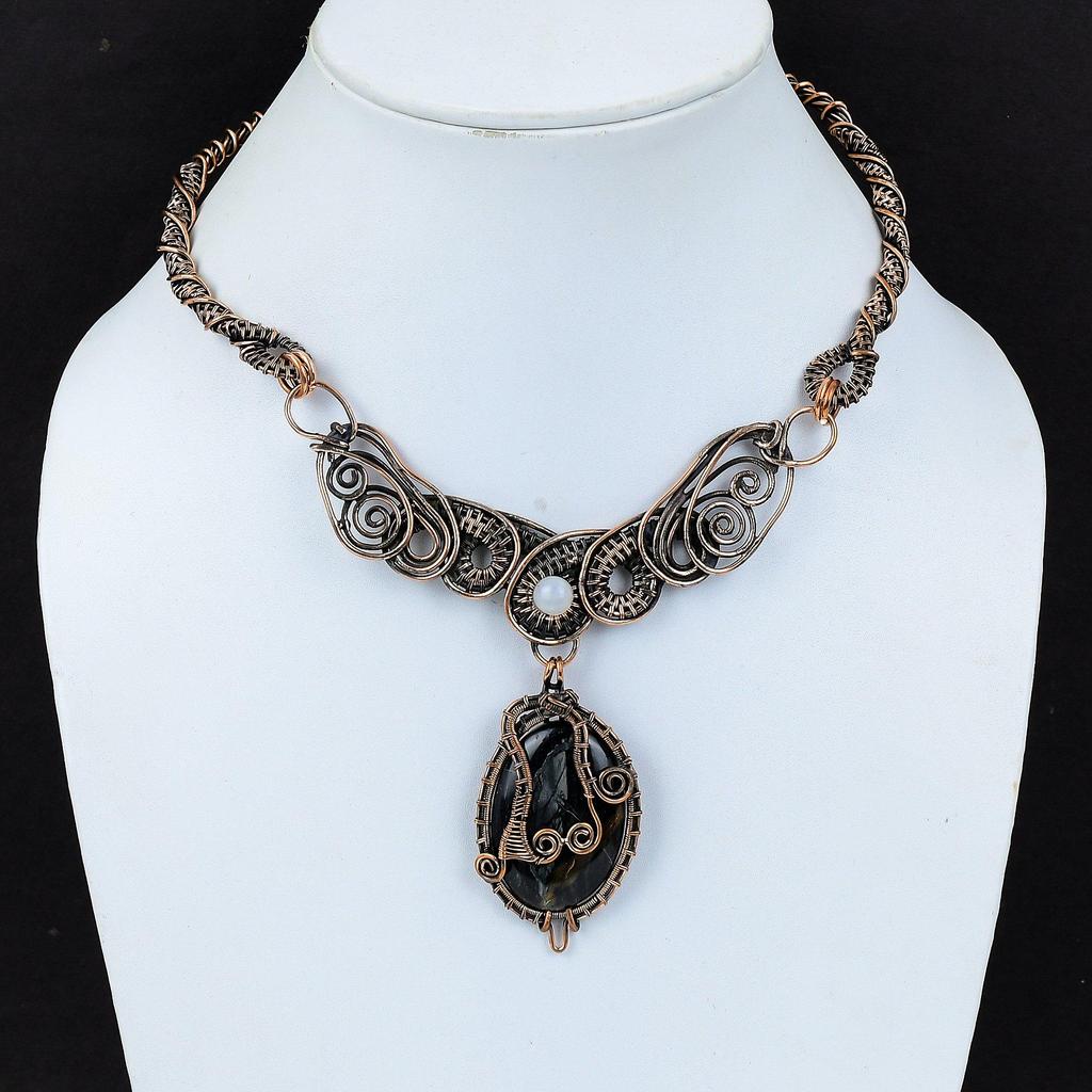 Picasso Jasper Necklace Copper Wire Wrapped Necklace Rainbow Moonstone Necklace Copper Wire Jewelry Handmade Gemstone Necklace Gift For Her