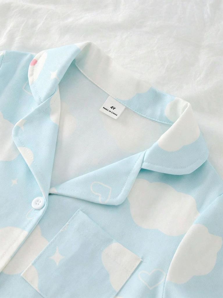 Girls Cloud Print Pajama Set, Soft Button-Down Short Sleeve Sleepwear, Cute Loungewear for 4-7 Years