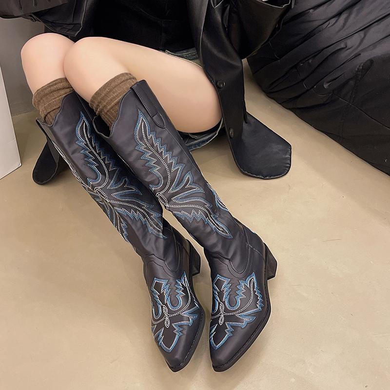New Style Women Autumn/Winter Colors European and American Pointed Thick Heel High Barrel Large Western Side Zipper Denim Boots