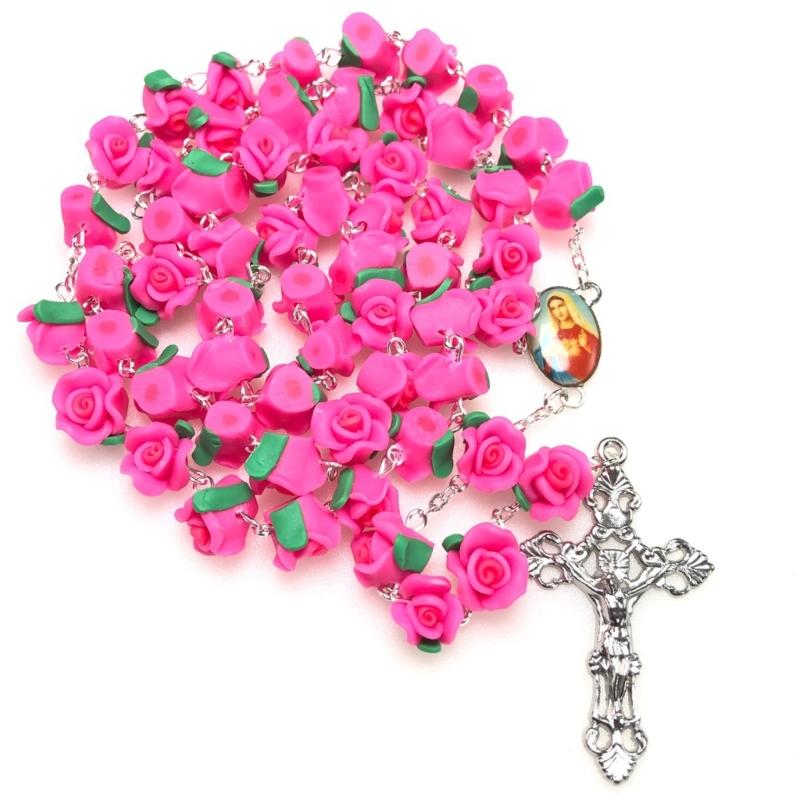 Weiche Ton Kreuz Rosenkranz Halskette Rosenperlen Kette Anhänger Schmuckstück für Zuhause Kirche Yoga Studio Dekorationen Geschenk