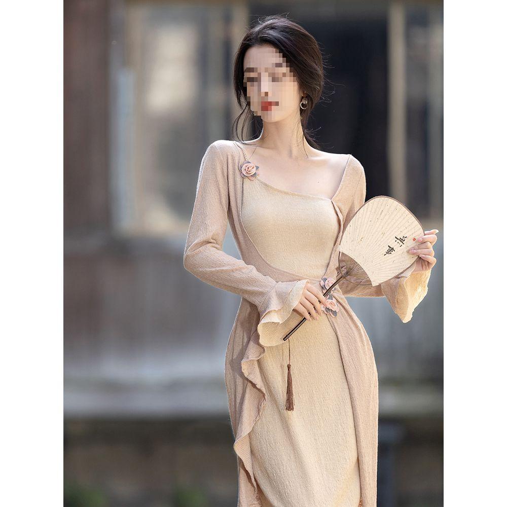 2026 Schickes Retro Chinesischer Stil Damen Frühling/Herbst Langes Kleid