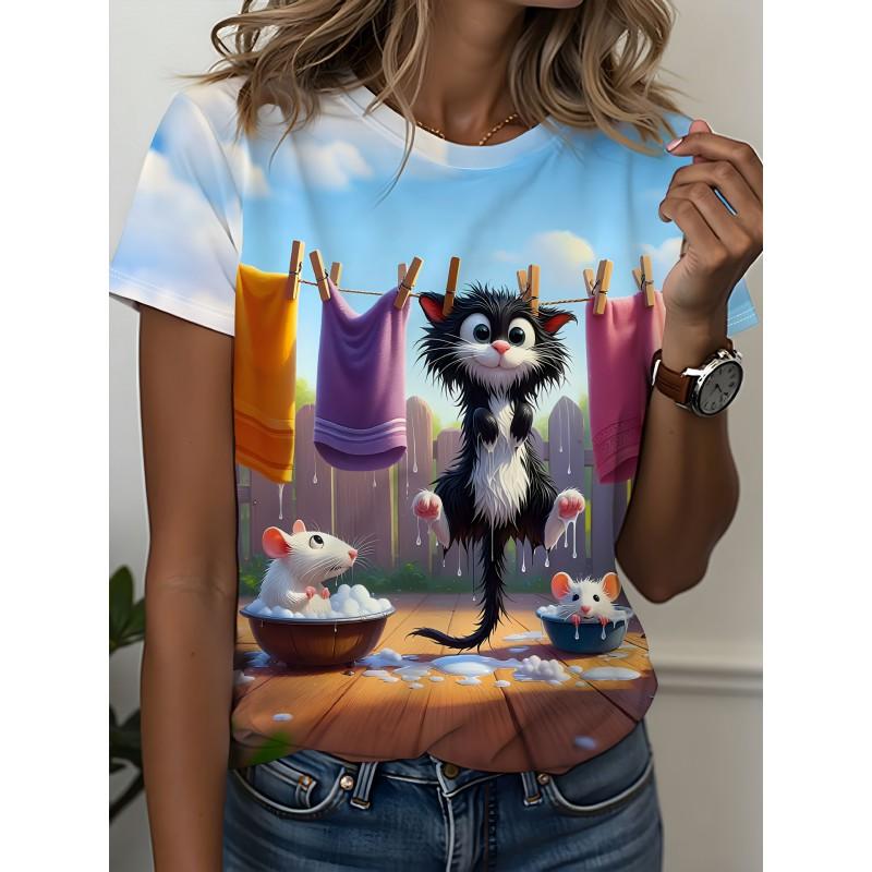Womens Slim Fit Short Sleeve T-Shirt With 3D Cartoon Animal Print Digital Printing Casual Top