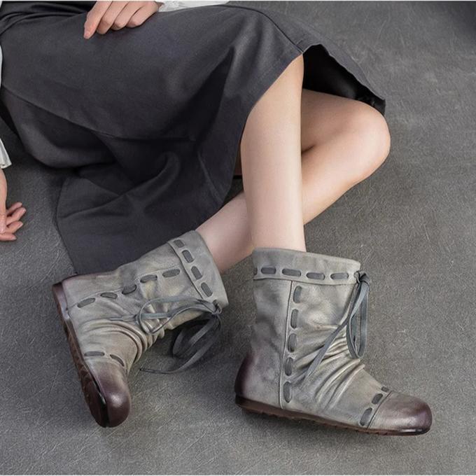 Johnature Genuine Leather Pleated Round Toe Short Boots Retro Soft Soled Versatile Women's Shoes