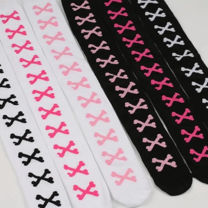 Oberschenkelhohe Socke Damenstrümpfe Knochen Damen Halloween Schwarz Weiß Rosa Gestreift Lang Über dem Knie Socke Lustig Cosplay Harajuku