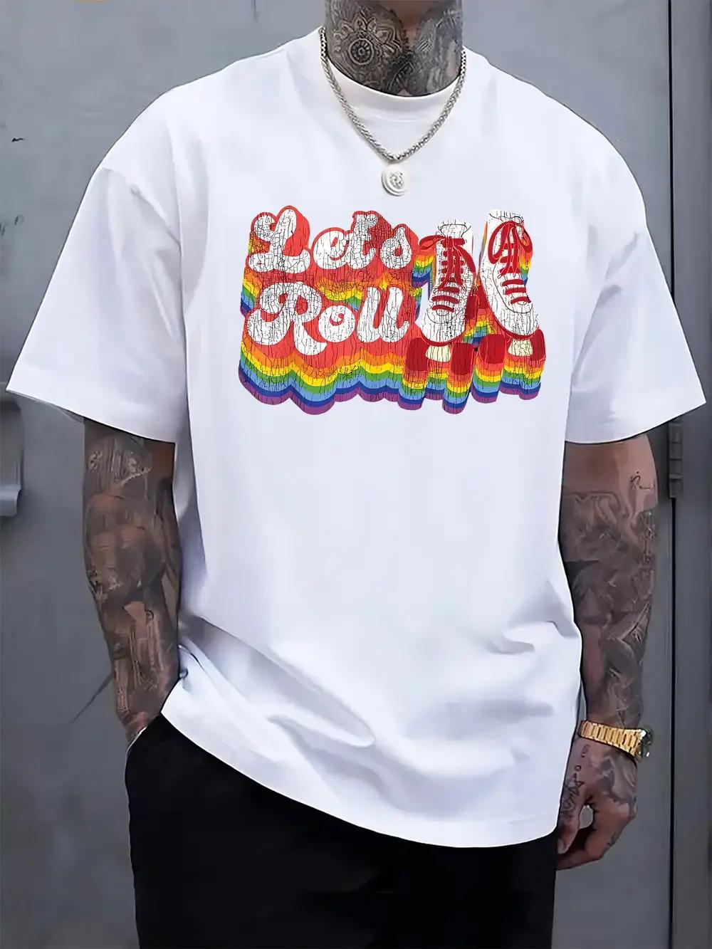 

Casual Short Sleeve T-shirt with Rainbow Rock Graphic Print & Let s Roll Text - Regular Fit Round Neck Summer Tee for Vacation & Casual Attire M
