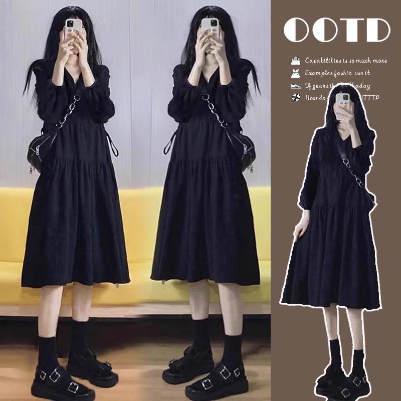 Hepburn-Style Maternity V-Neck A-Line Dress for Spring & Autumn M
